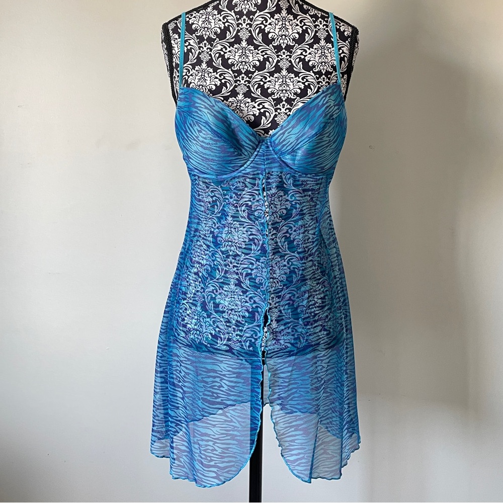 Y2K Babydoll LA SENZA Blue Zebra Damask Mesh Chemise Lingerie Slip SEE MSMTS